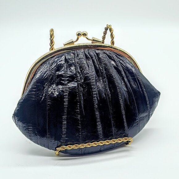 Vintage Handbags - Vintage Black Eel Skin Leather Coin Purse Kiss Lock Clutch